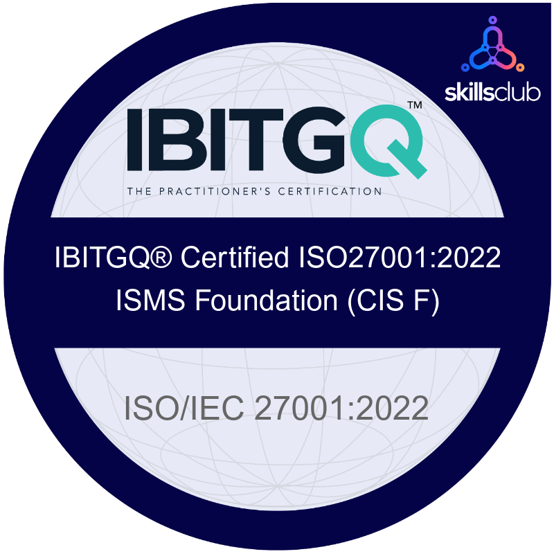 SkillsClub badge showing expertise in ISO 27001 (CIS F)