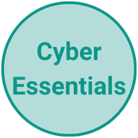 A teal circle with the words 'Cyber Essentials' written inside.