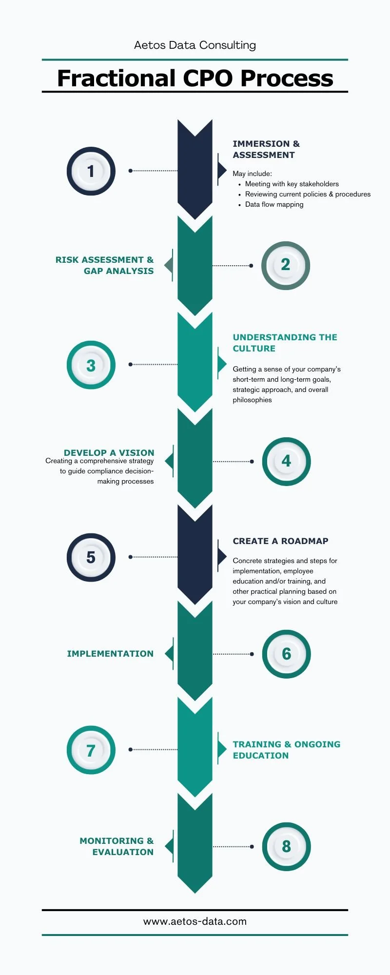 Flowchart titled 'Fractional CPO Process' shows 8 steps in a process with descriptions, including steps like immersion, risk assessment, understanding culture, developing a vision, creating a roadmap, implementation, training, and monitoring.