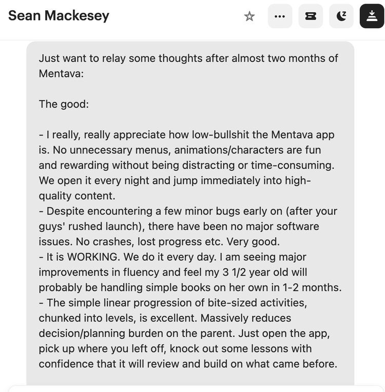 Parent message: the value of teaching a child to read is more than the price of Mentava
