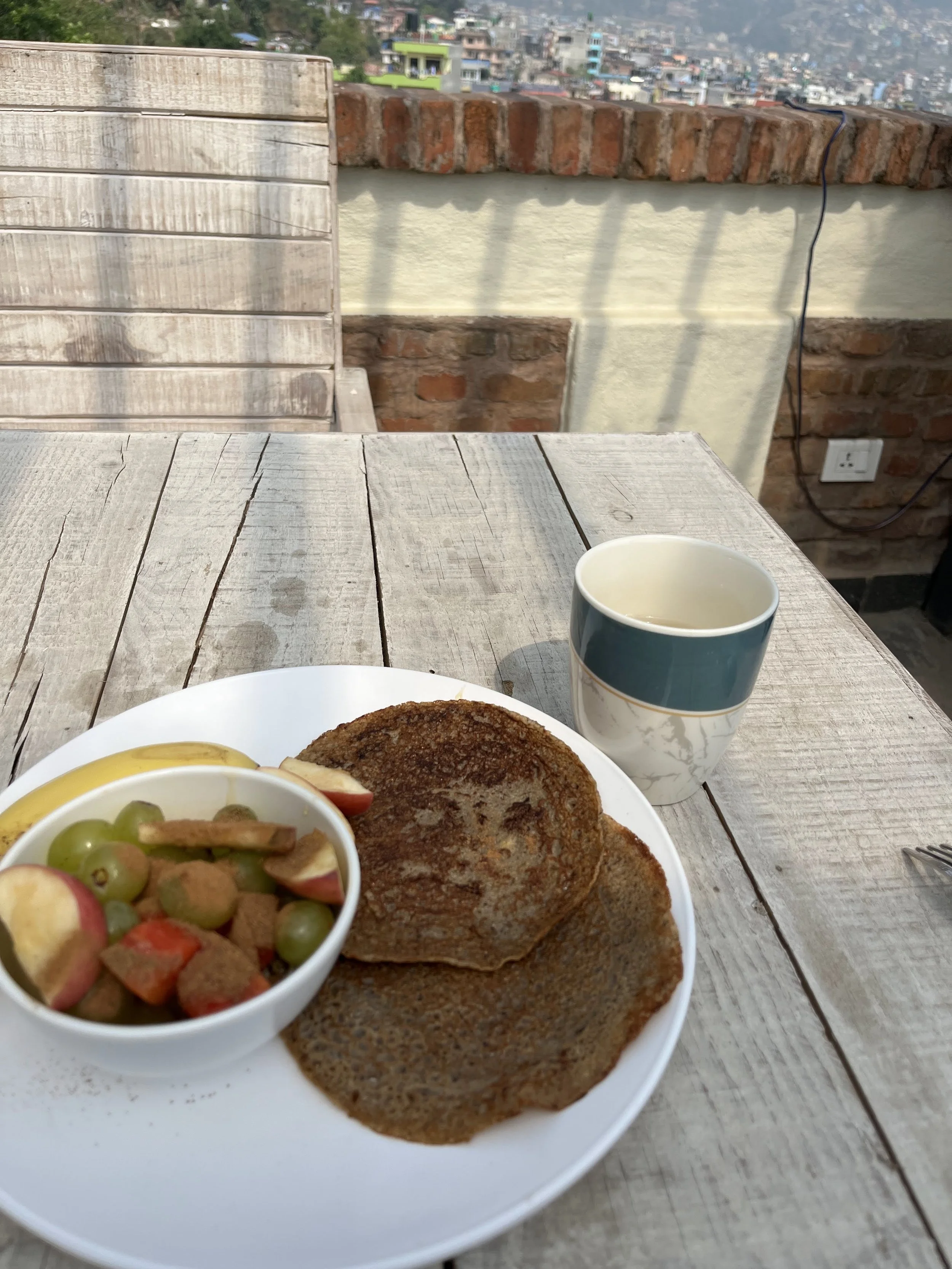 Breakfast- buckwheat pancake, tea, and fruit 