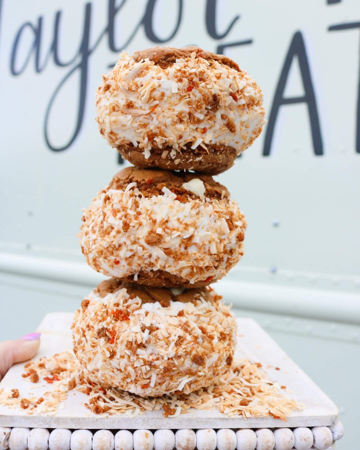 &bull;🐰🥕come hop on over to the truck at one of our upcoming events for this amazing carrot cake cookie ice cream sandwich with toasted coconut around the outside🥕🐰&bull;
&bull;
&bull;
&bull; if you don&rsquo;t catch us at a drive around, we will