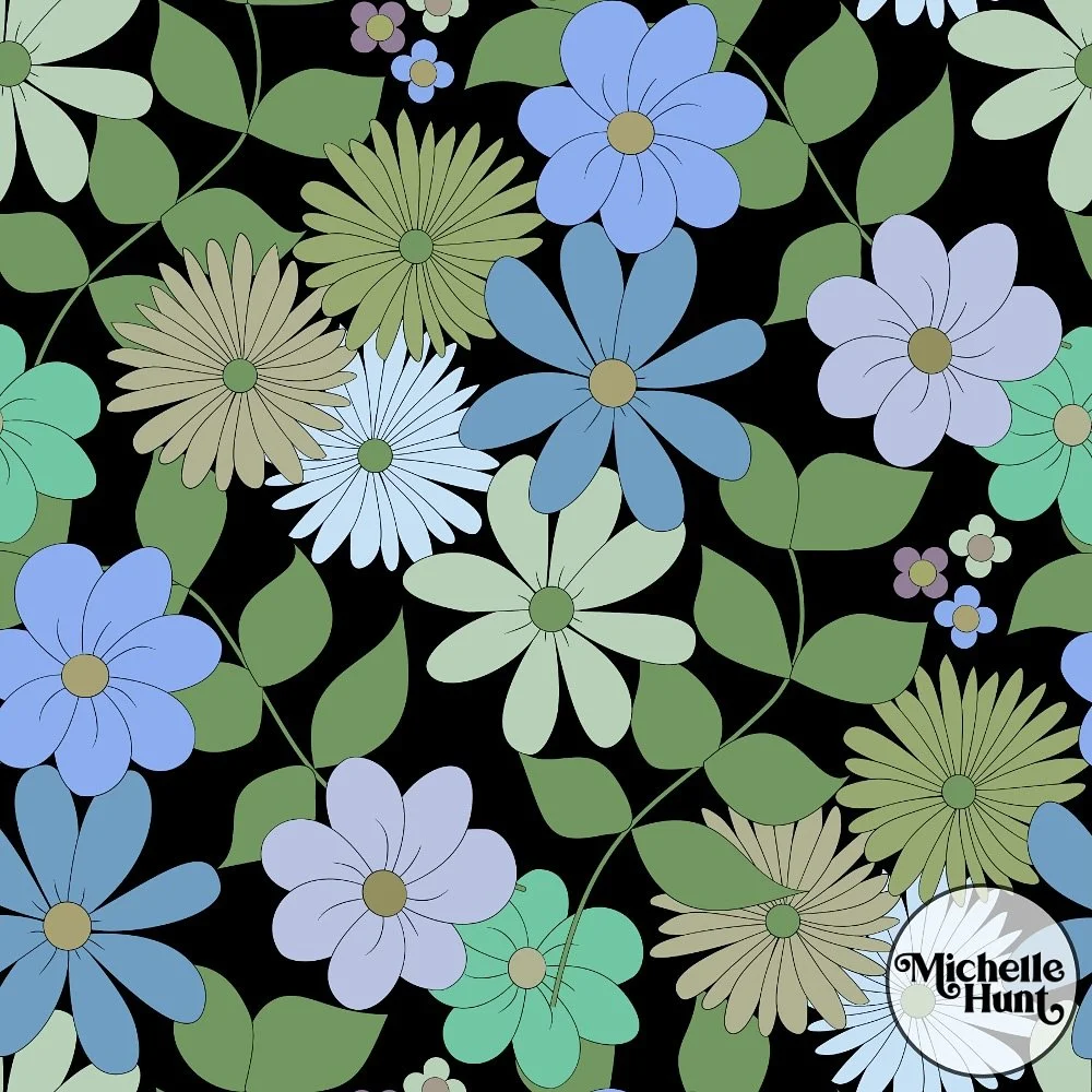Oh how I love a 70s floral! I can&rsquo;t stop making new colorways for this dreamy pattern. The mood changes from serene to vibrant, just by adjusting the colors.

Find this patttern and more in my @spoonflower shop
 
#70sfloral #bohofloral #flowerp
