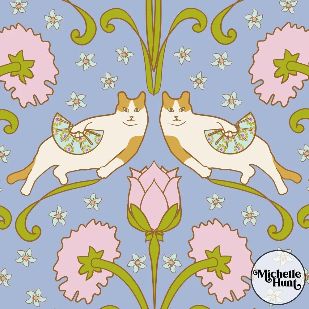 My art nouveau inspired pattern of languid lounging cats, flowers, and leafy tendrils 🌸🐈🍃.
 
Now available in my @spoonflower shop 💖 

#artnouveauwallpaper #artsandcraftswallpaper #catwallpaper #catdecor #chonkycat #catcaf&eacute; #catfabric #fab