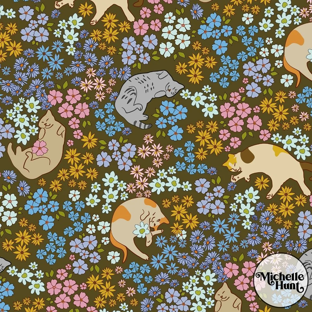 A meadow of blissfuly napping cats luxuriating in a blanket of wildflowers. Featuring my orange and white feline muse, accompanied by calico and gray tabby friends. Available in a growing selection of colors on fabric, wallpaper, and home decor in my