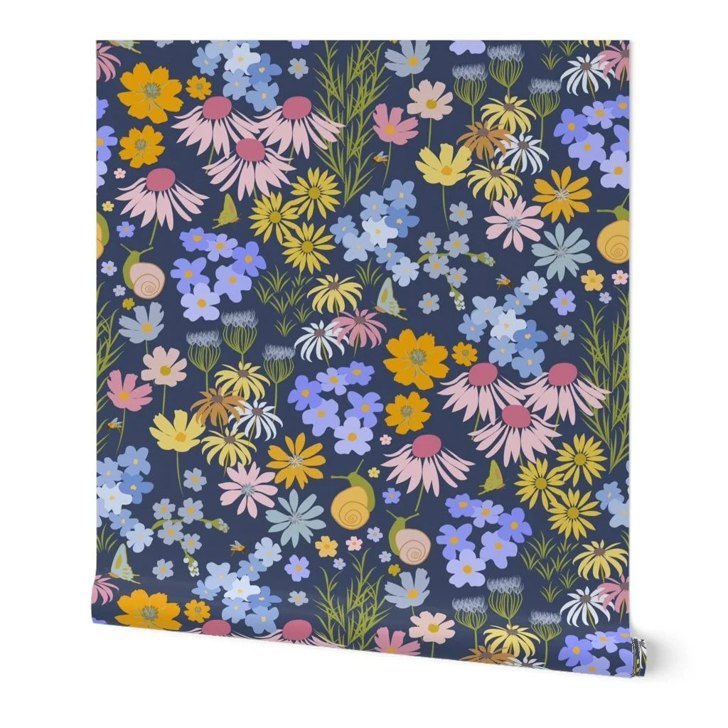 My entry to the @spoonflower Refined Bohemian Design Challenge, Boho Blossoms Retro Wildflowers. Something about the idea of refined bohemian conjured the idea of a balance of tamed and untamed elements. A wild garden meadow in blues, purples and pin
