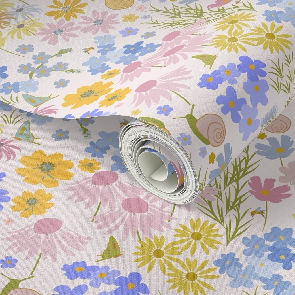 A wild meadow of flowers in my new Boho Blossoms design. This design will be in the @spoonflower design challenge next week, but in a deeper color which I will post when voting opens. 
I loved adding little snails, butterflies, and honeybees to this 