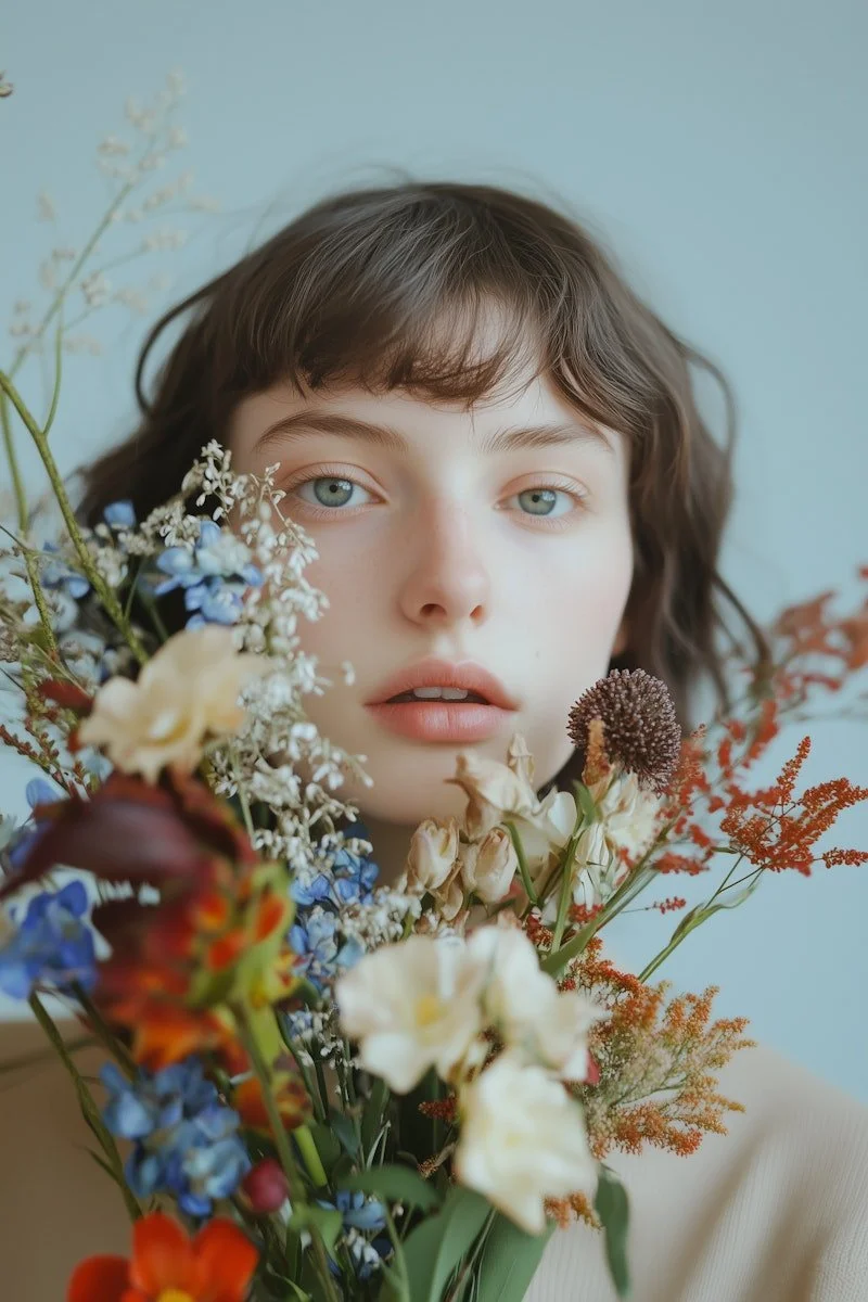 A close-up of a young woman with short brown hair and blue eyes, partially obscured by a colorful arrangement of various flowers including white, purple, blue, and orange blossoms, against a plain light background.