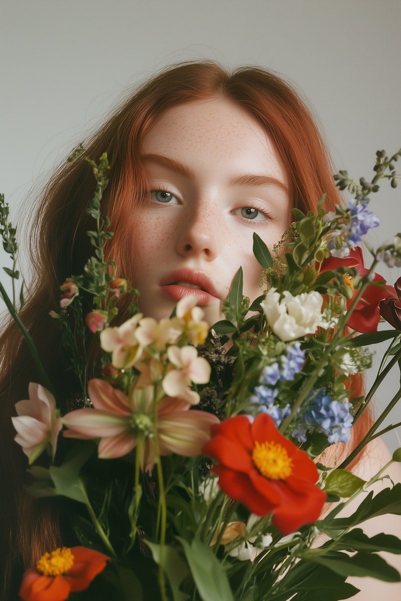 A young woman with red hair and light skin holds a large bouquet of colorful flowers, partially covering her face.