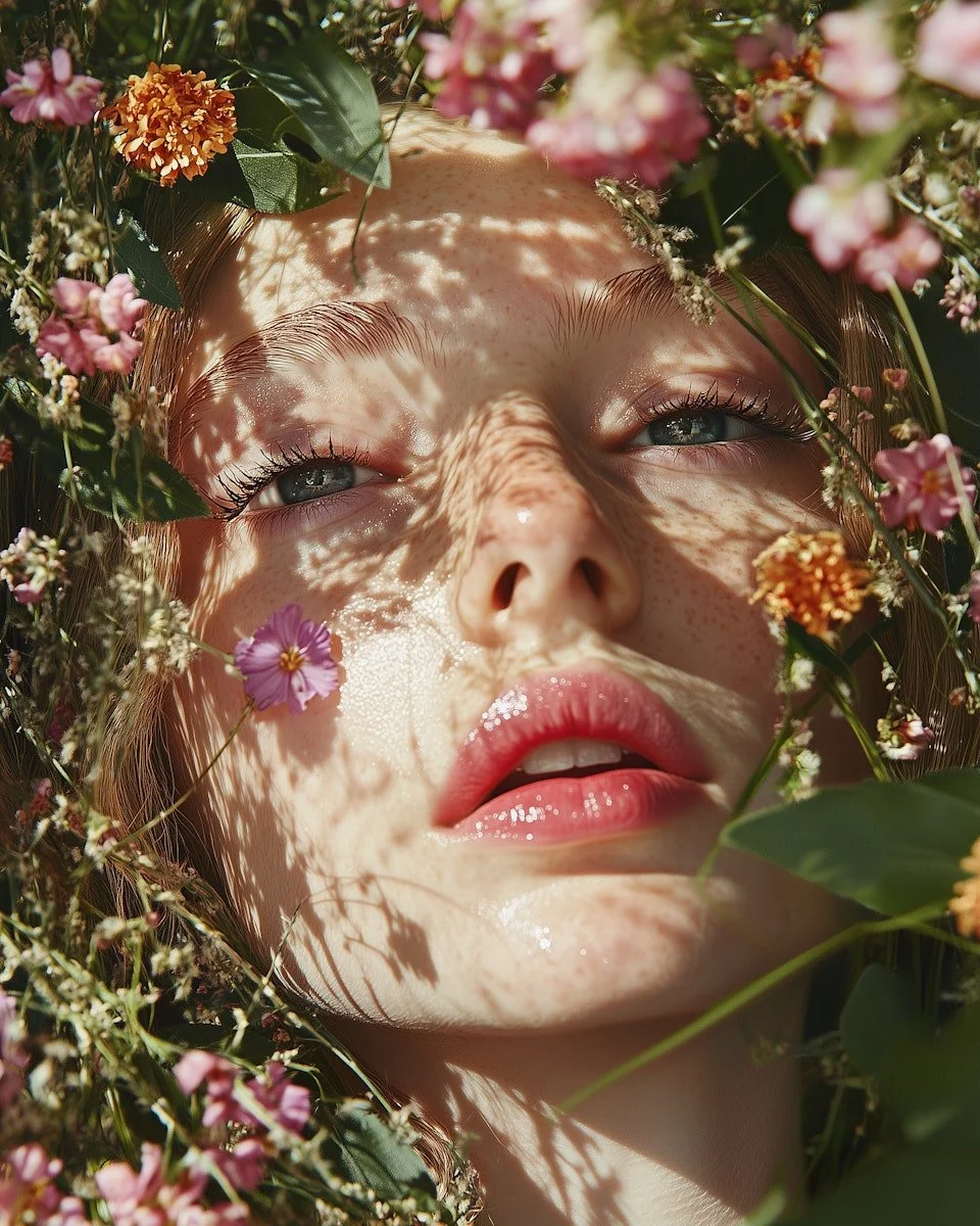 Close-up of a woman's face surrounded by pink and orange flowers, with sunlight casting shadows through the flowers onto her face.