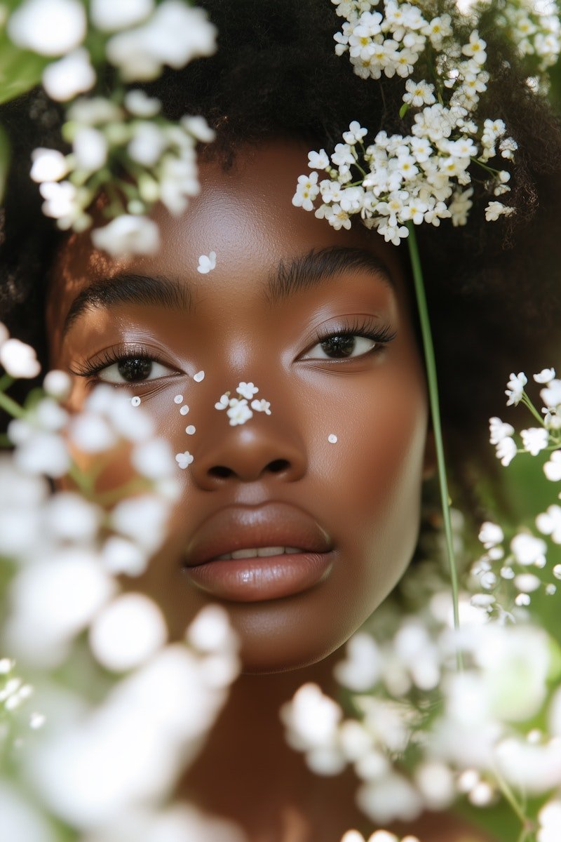 Close-up of a woman's face surrounded by white flowers, with small white flower-shaped confetti on her nose and cheeks.