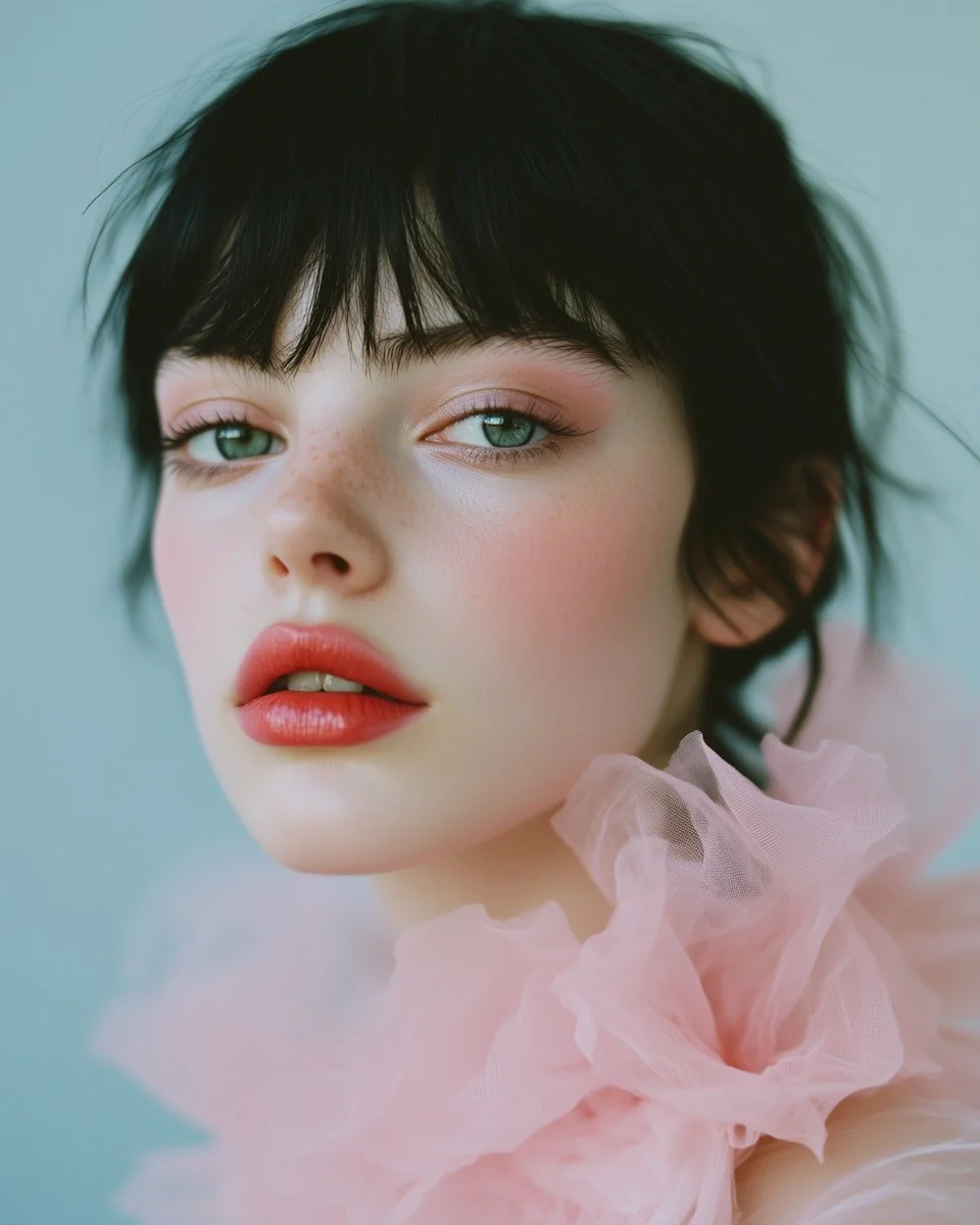 Close-up of a young woman with short black hair, blue eyes, light freckles, and soft pink makeup, wearing a pink ruffled fabric around her neck.