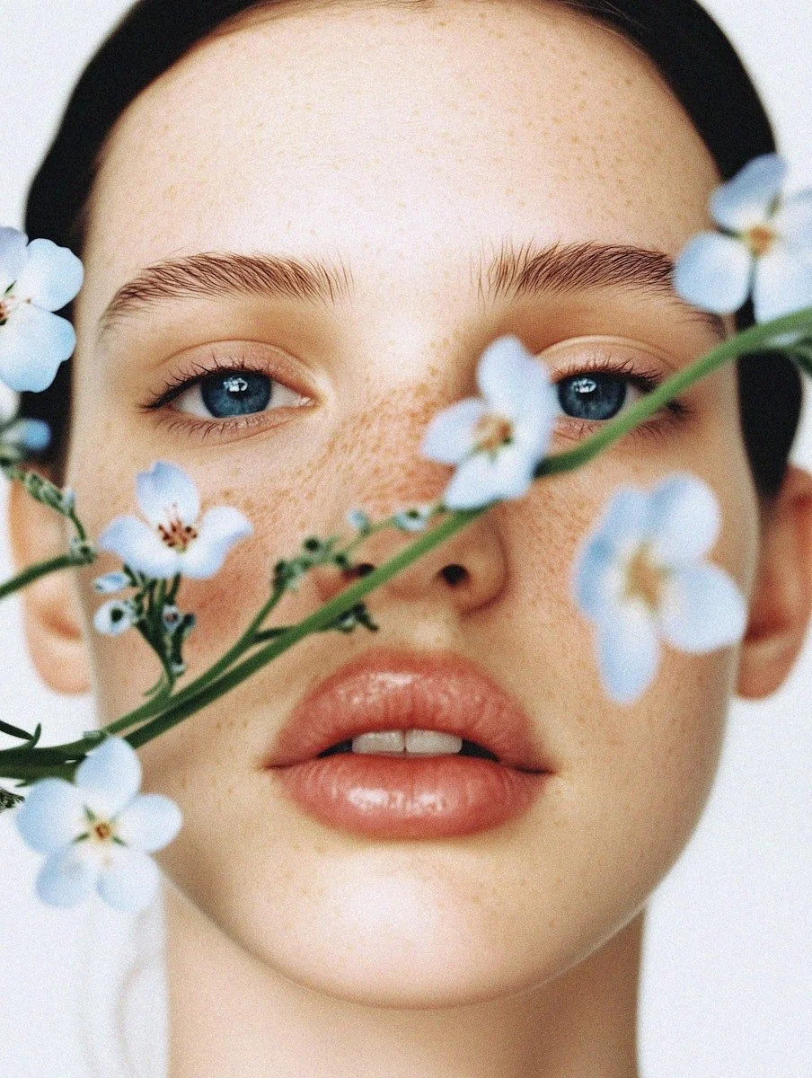 Close-up of a young woman with fair skin, blue eyes, freckles, and natural makeup, partially obscured by light blue flowers.