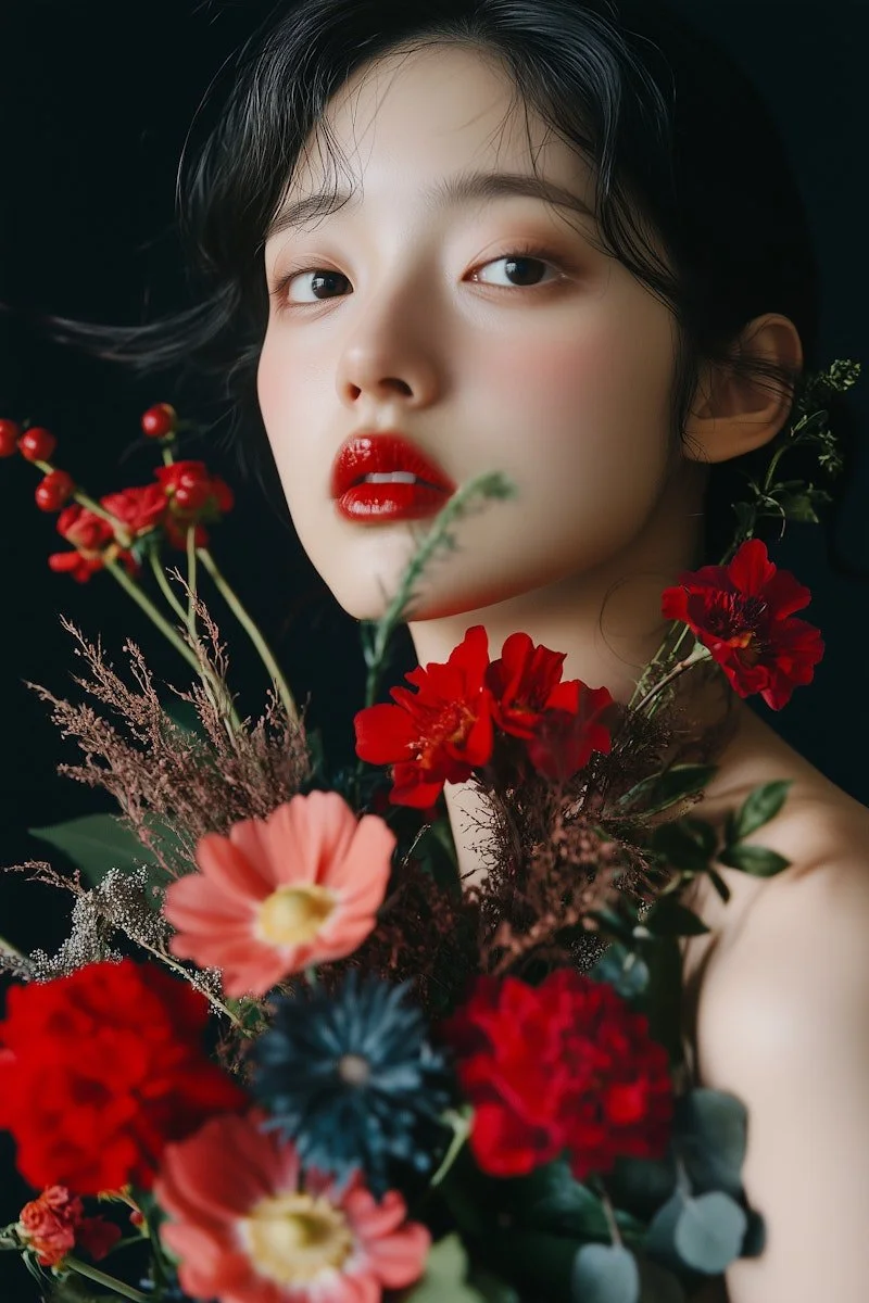A woman with dark hair and bright red lipstick holding a bouquet of colorful flowers, set against a black background.