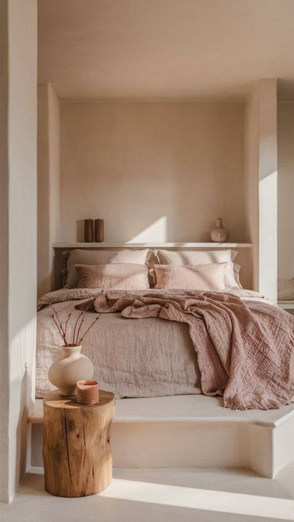 A cozy bedroom with a bed dressed in beige linens and a pink quilt, a wooden side table with a white vase and a small pink candle, and decorative vases on a shelf behind the bed, all illuminated by natural light.