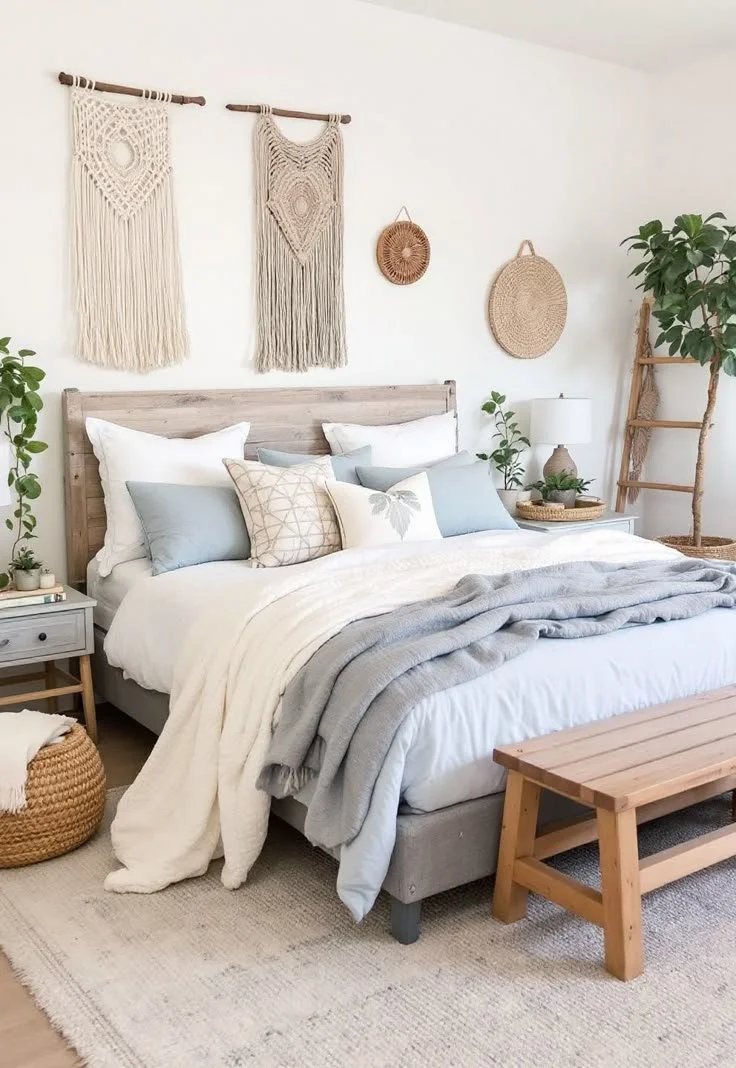 A cozy bedroom with a wooden bed frame, white and pastel-colored pillows, a soft gray blanket, and a cream-colored bedspread. The wall has bohemian-style wall hangings and woven baskets, with potted plants on nightstands and a ladder with a plant. A small wooden bench sits at the foot of the bed.