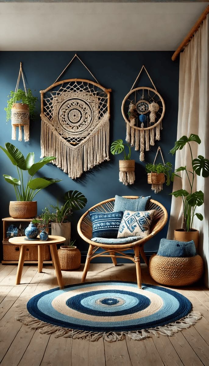 Cozy indoor space with bohemian decor, featuring a rattan chair with pillows, wooden side table with vases, large potted plants, woven wall hangings, and a circular blue and beige rug on a wooden floor.