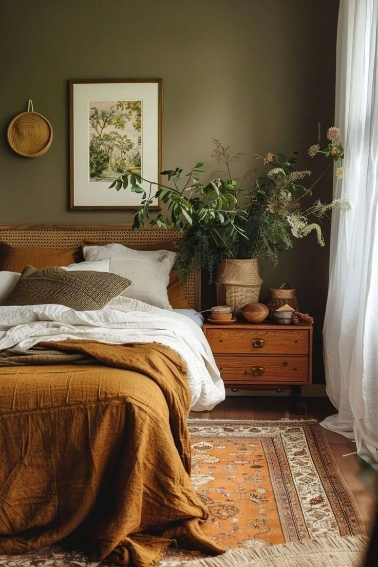 A cozy bedroom with a rattan headboard, mustard-colored bedding, white and brown pillows, a wooden nightstand with a large potted plant, and a framed nature landscape on the wall, illuminated by natural light from a window with white curtains.