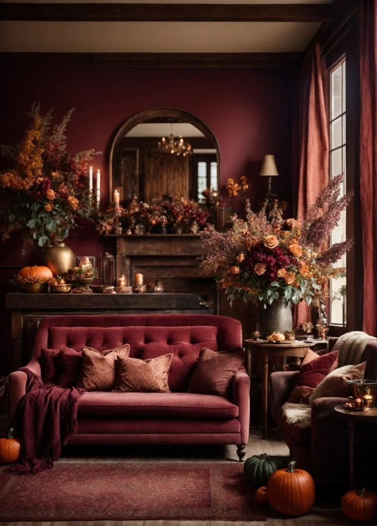 A cozy living room decorated for fall with a burgundy walls, a tufted velvet sofa with matching throw blanket, large floral arrangements, pumpkins, candles, and warm lighting.