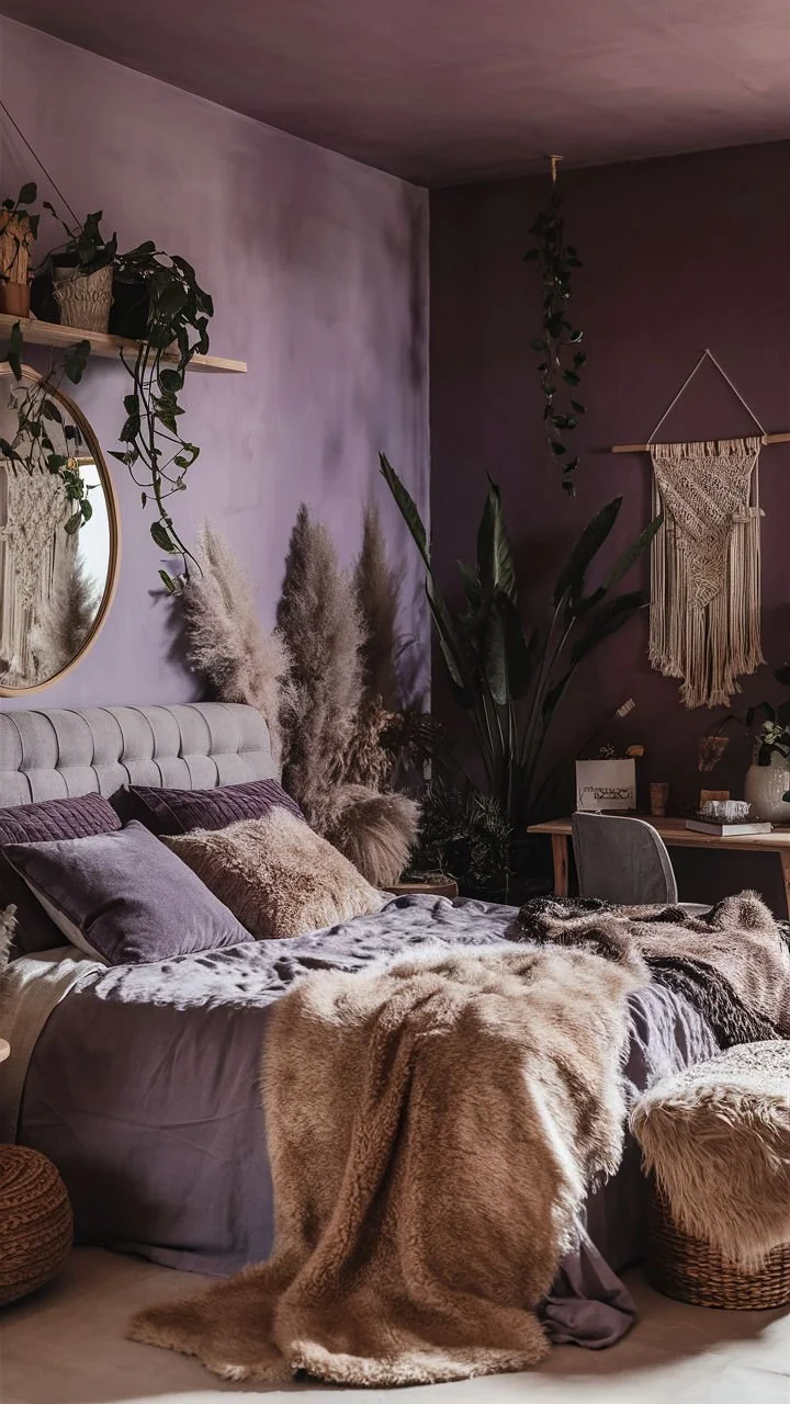 A cozy bedroom decorated with dark purple walls, plush pillows, fur throws, large plants, and boho wall hangings.