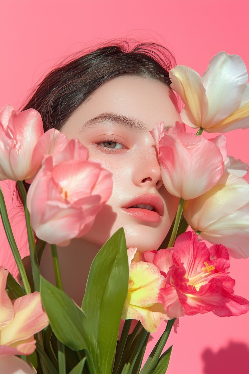 A woman with dark hair and blue eyes surrounded by pink, white, and yellow flowers against a pink background.