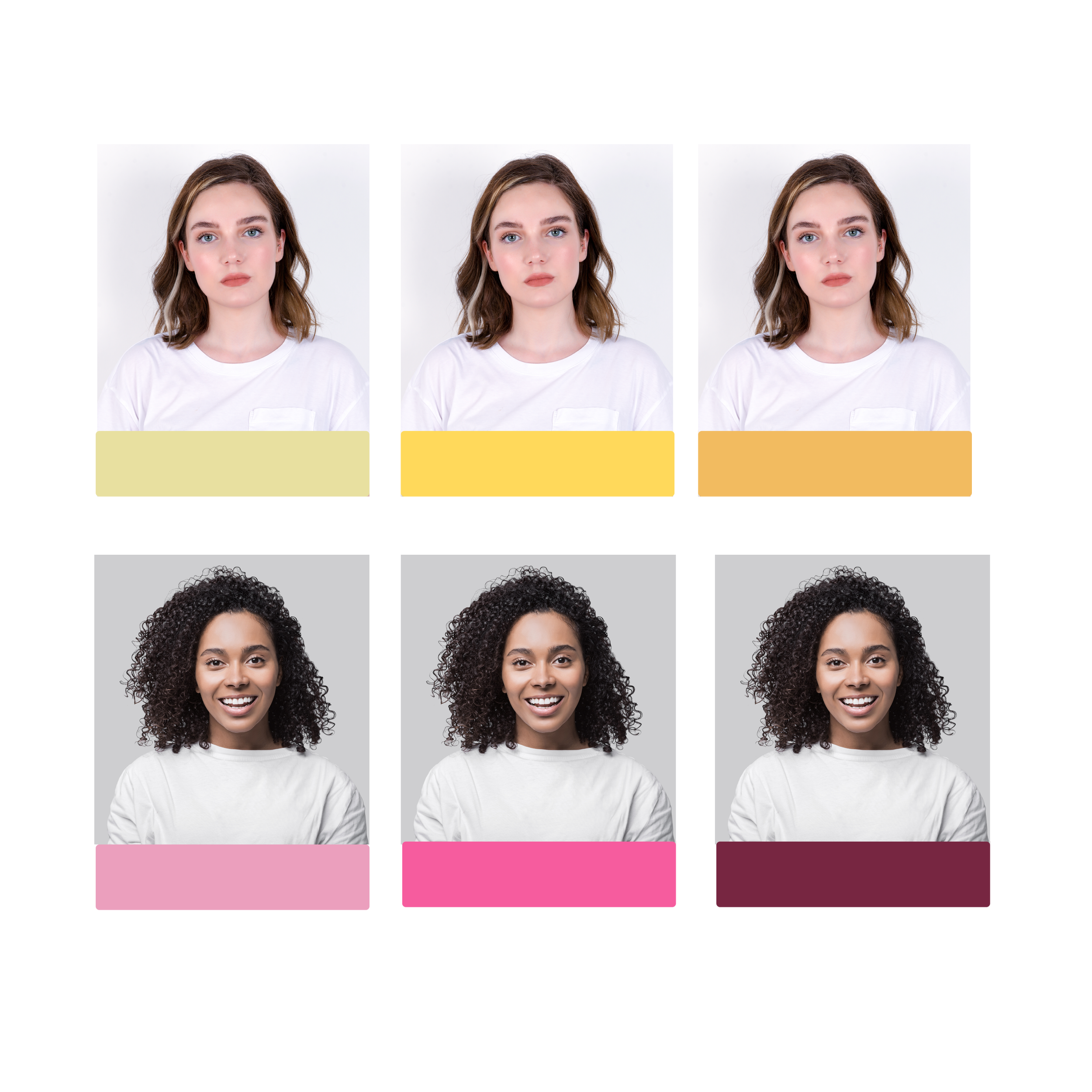 Two sets of three portrait photos of women, each set with a gradient color bar at the bottom. The top row features a woman with light brown hair and blue eyes, set against a white background, with color bars ranging from light yellow to darker yellow. The bottom row features a woman with curly black hair and brown eyes, also against a white background, with pink to maroon color bars.