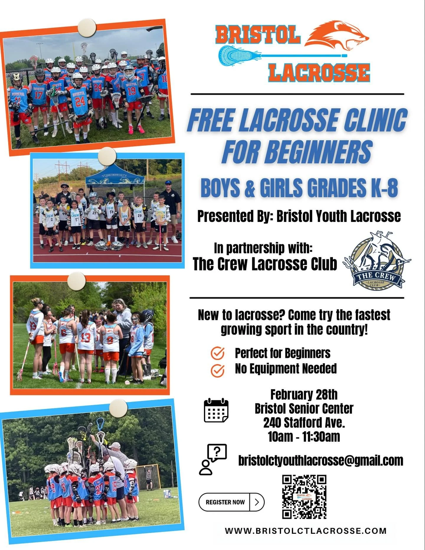 🚨FREE LACROSSE CLINIC🚨
&bull;
&bull;
No Experience? Don&rsquo;t have a Stick? 
NO WORRIES! WE GOT YOU‼️
&bull;
&bull;
Come join us as the great people at @bristolctlacrosse and ourselves host a free clinic for 
ANY/ALL Boys &amp; Girls that are in 