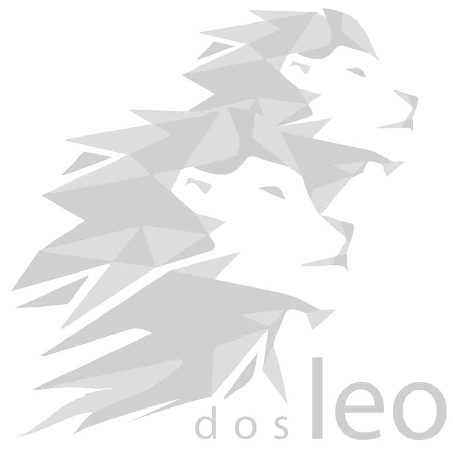 Logotipo en tonos grises y negros de dos leones enfrentados con la palabra "dos" y "leo" en letras minúsculas.