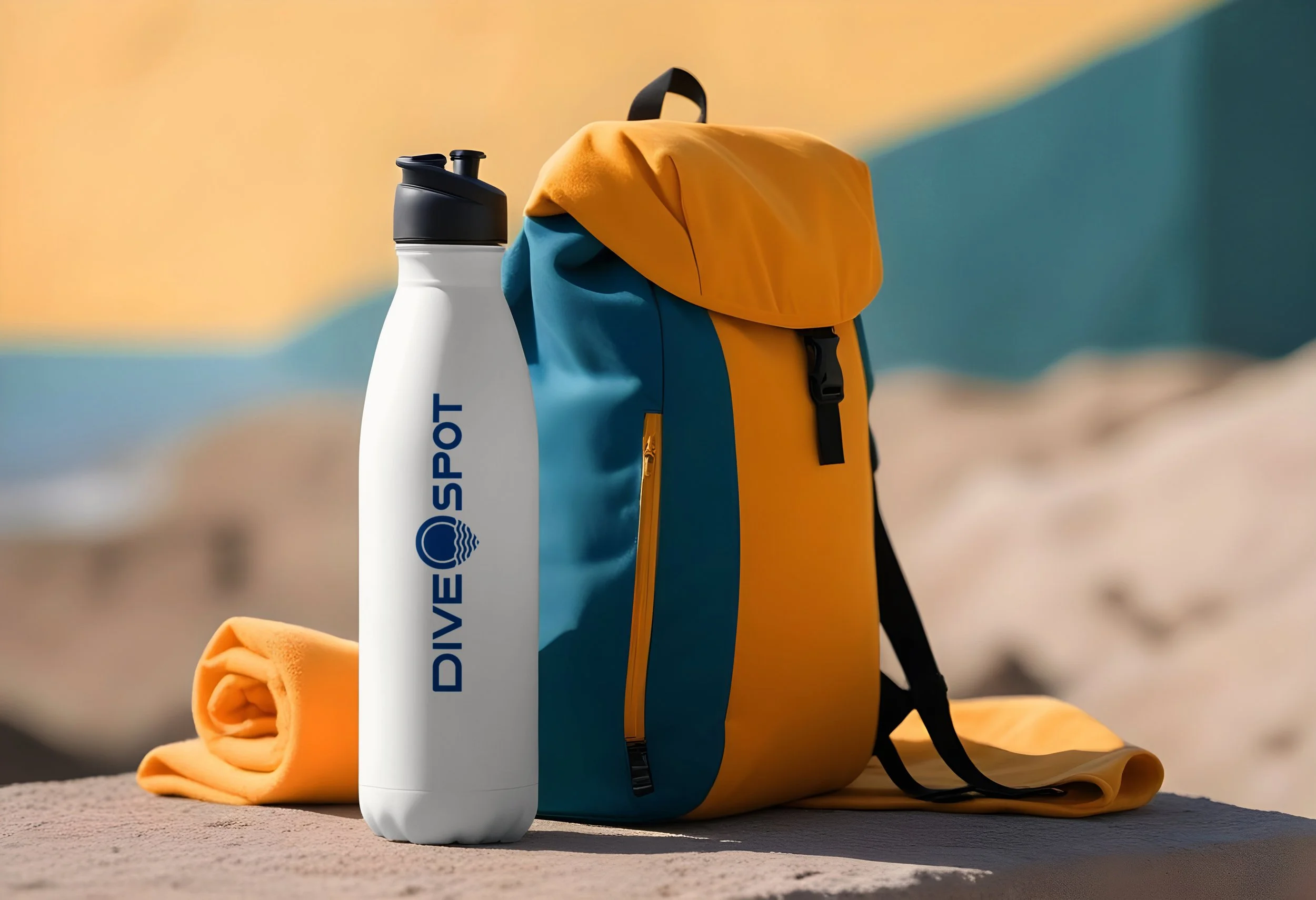 Una botella de agua blanca con la palabra 'DIVESPORT' en letras azules, una mochila azul y amarilla, y una toalla de secado naranja en un fondo de paisaje al aire libre.