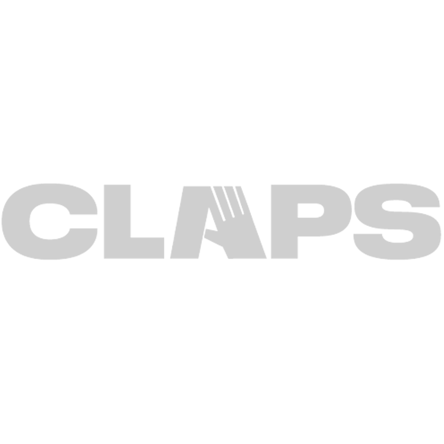 Logo con la palabra 'CLAPS' en letras grandes y color gris, con un diseño de línea diagonal en la letra 'A' y estrellas a su alrededor.