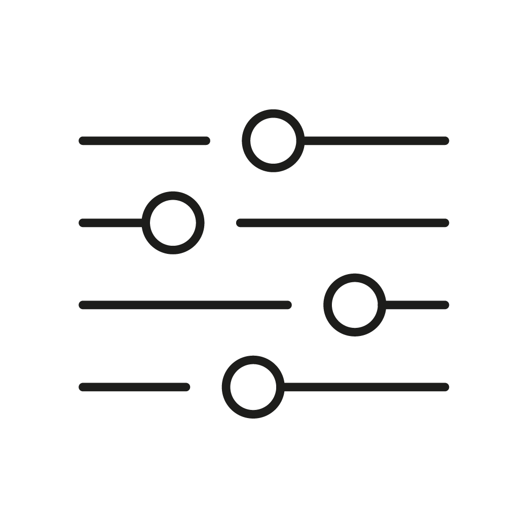 Diagrama de configuración de controles de audio con cinco botones deslizantes y uno circular, con etiquetas y ajustes en un fondo negro.