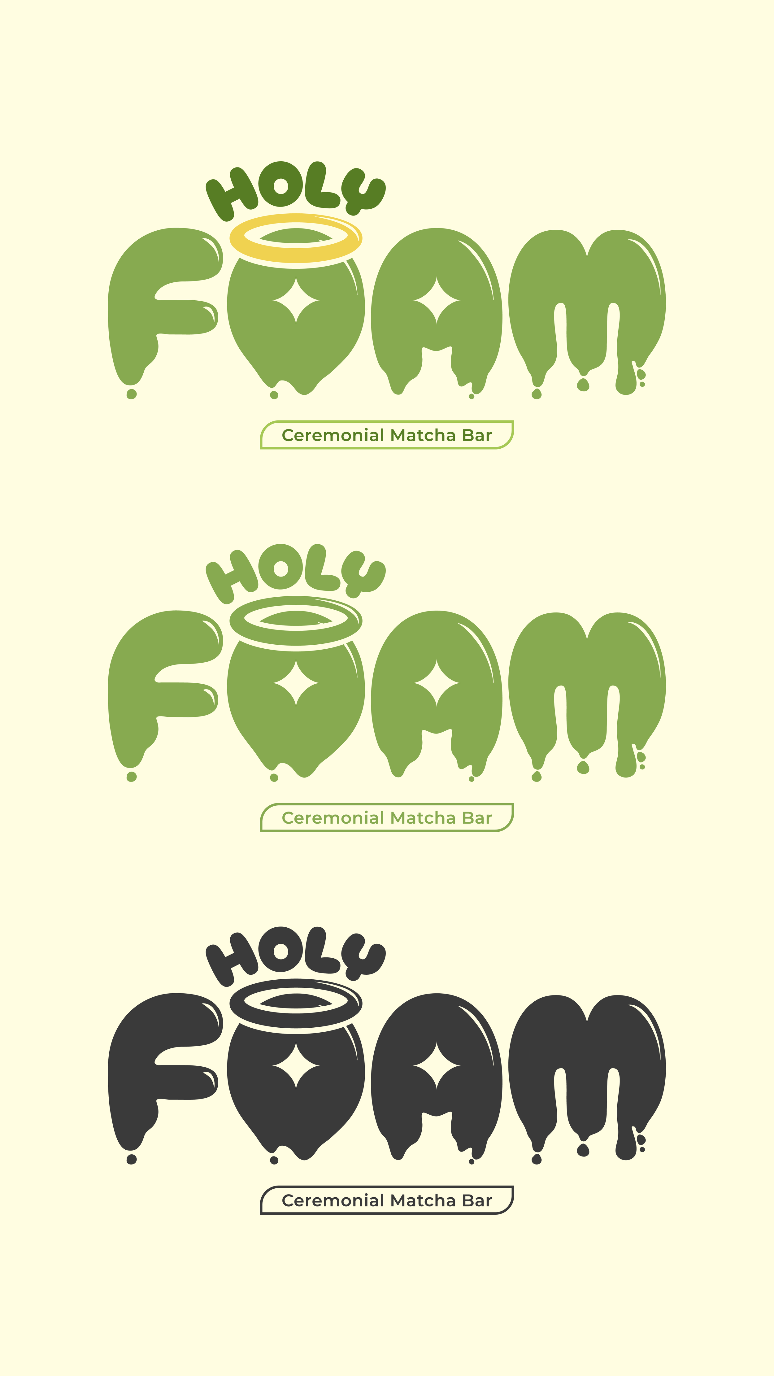 Logo del bar de matcha ceremonial llamado Holy Foam, en diferentes colores: verde, gris y negro.