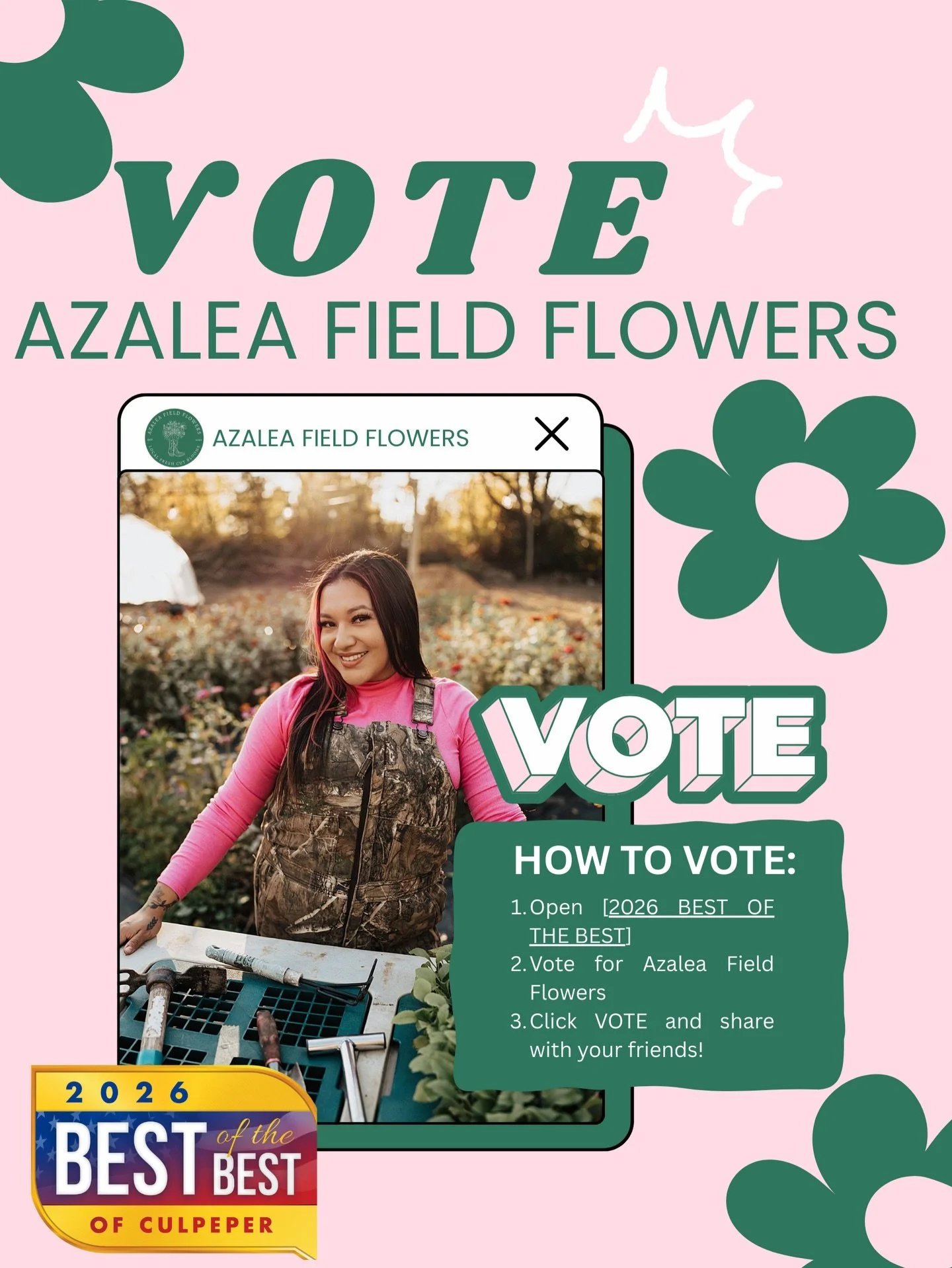 🚨 LAST DAY TO VOTE 🚨

Culpeper&hellip; this is it.

Today is the FINAL day to vote for Best of Culpeper and Azalea Field Flowers is on the ballot 🌸🩷💚

If you&rsquo;ve ever:
&bull; Grabbed a bouquet from my pink tent
&bull; Booked me for your wed
