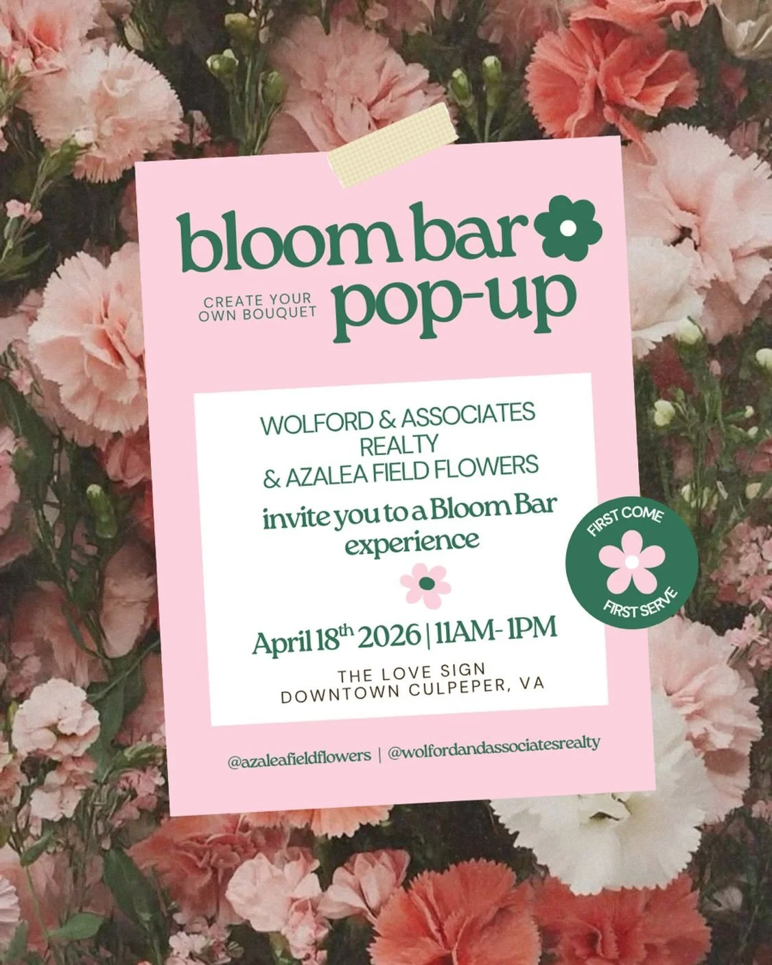 Culpeper, ven a crear tu propio bouquet con nosotras 💐🌸

Join us for our Bloom Bar Pop-Up with @wolfordandassociatesrealty 
Fresh flowers, good vibes, and a little piece of Spring🤍

📍 Downtown Culpeper (LOVE Sign)
🗓 April 18 | 11&ndash;1
First c
