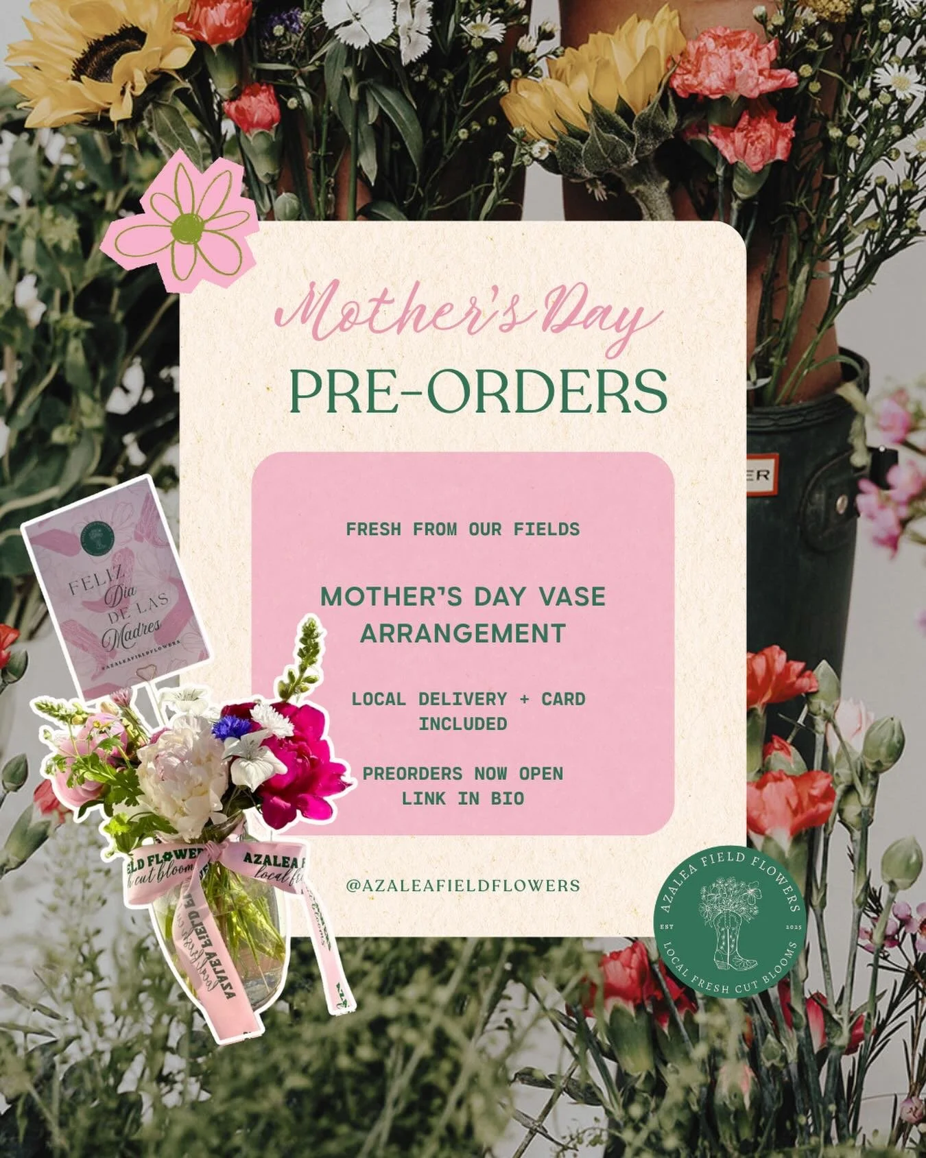 Mother&rsquo;s Day preorders are officially OPEN 🌸

Straight from our fields to your mama&rsquo;s hands 💕

We&rsquo;re talking peonies, ranunculus, snapdragons, bachelor buttons&hellip; all the good stuff blooming right now&mdash;designed in a vase