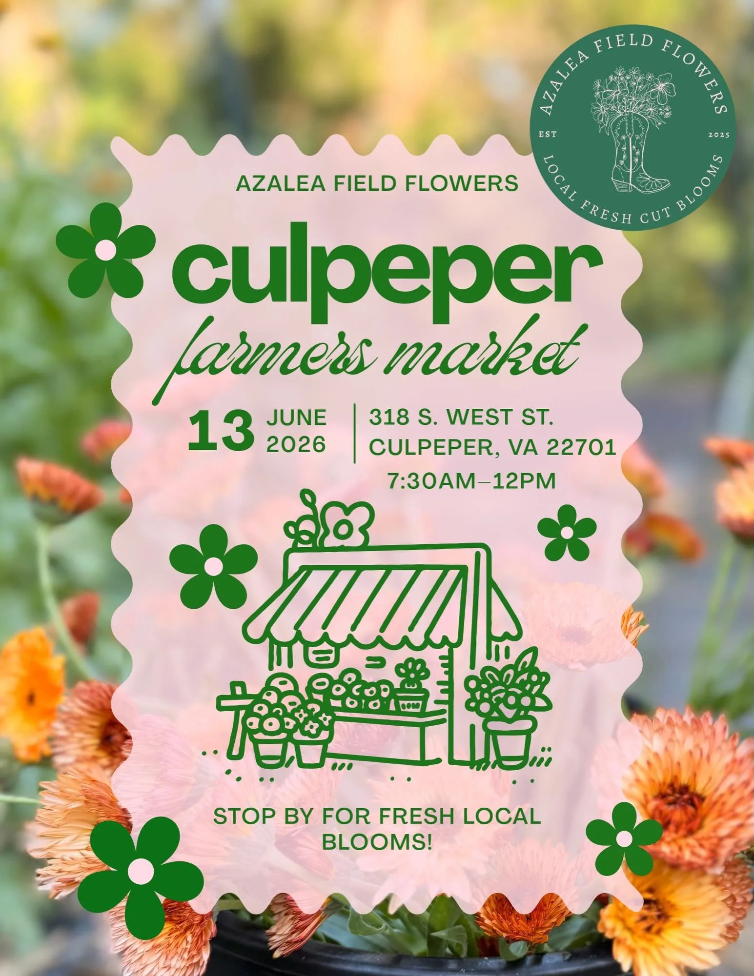 🌸 Culpeper Farmers Market &ndash; This Saturday! 🌸

We&rsquo;ll be at the Culpeper Farmers Market this Saturday, June 13, from 7:30 AM&ndash;12 PM with fresh, locally grown flowers from our farm! 💐

Our spring blooms may be winding down, but we&rs