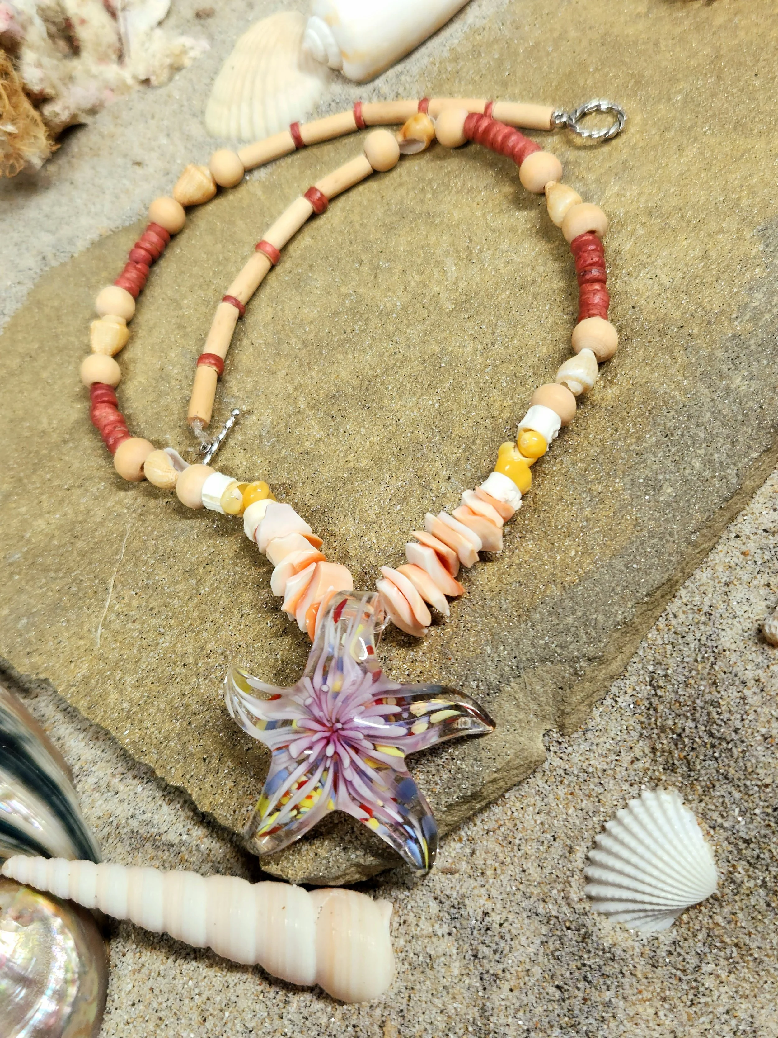 Pink Tropical Sea Star Glass Pendant Necklace