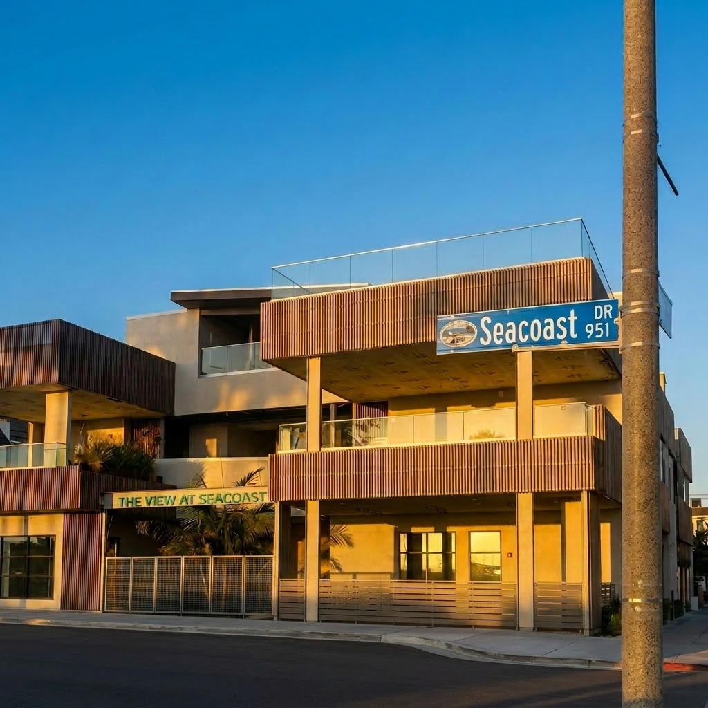 Modern multi-story building with balconies, located on Seacoast Drive, with a street sign and a banner that reads 'The View at Seacoast,' illuminated by warm sunlight during sunset.