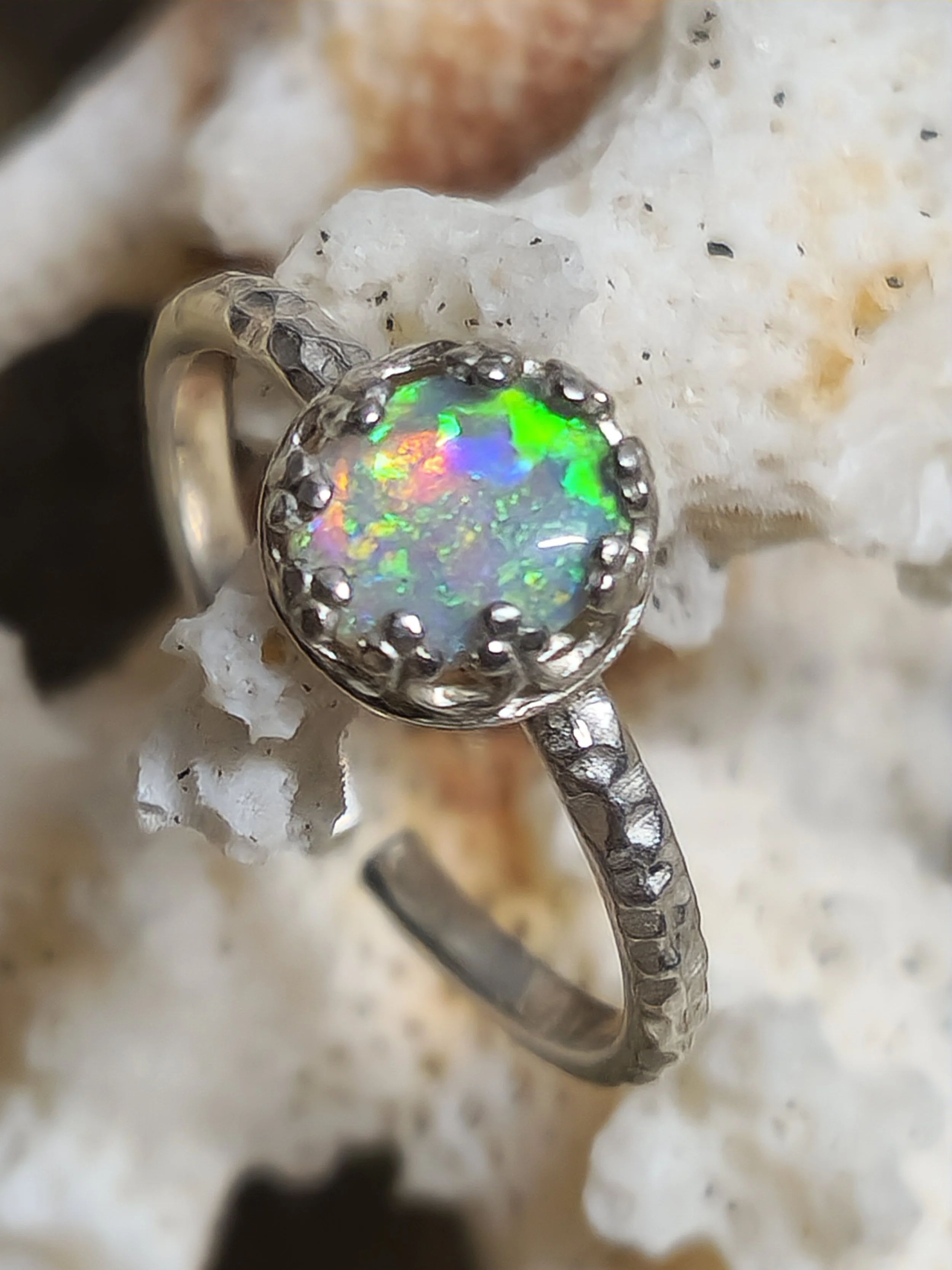 Crystal Opal Ring with Green Dominant Rainbow Colors