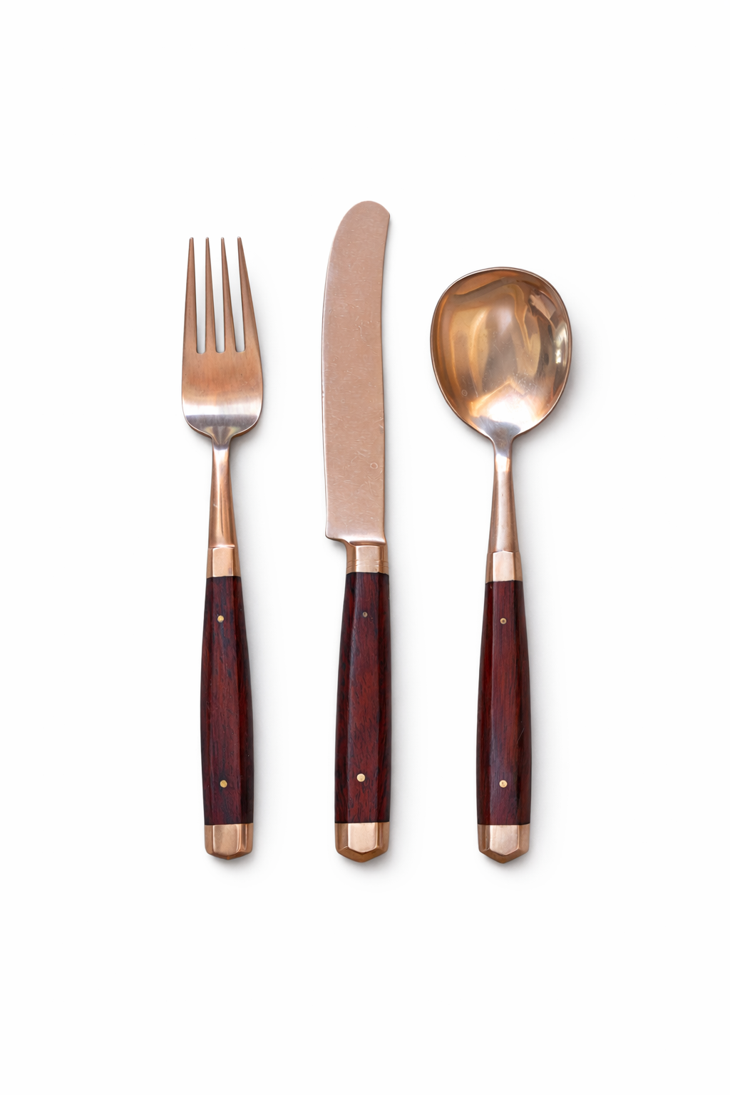 Mid Century Brass and Oak Flatware Set
