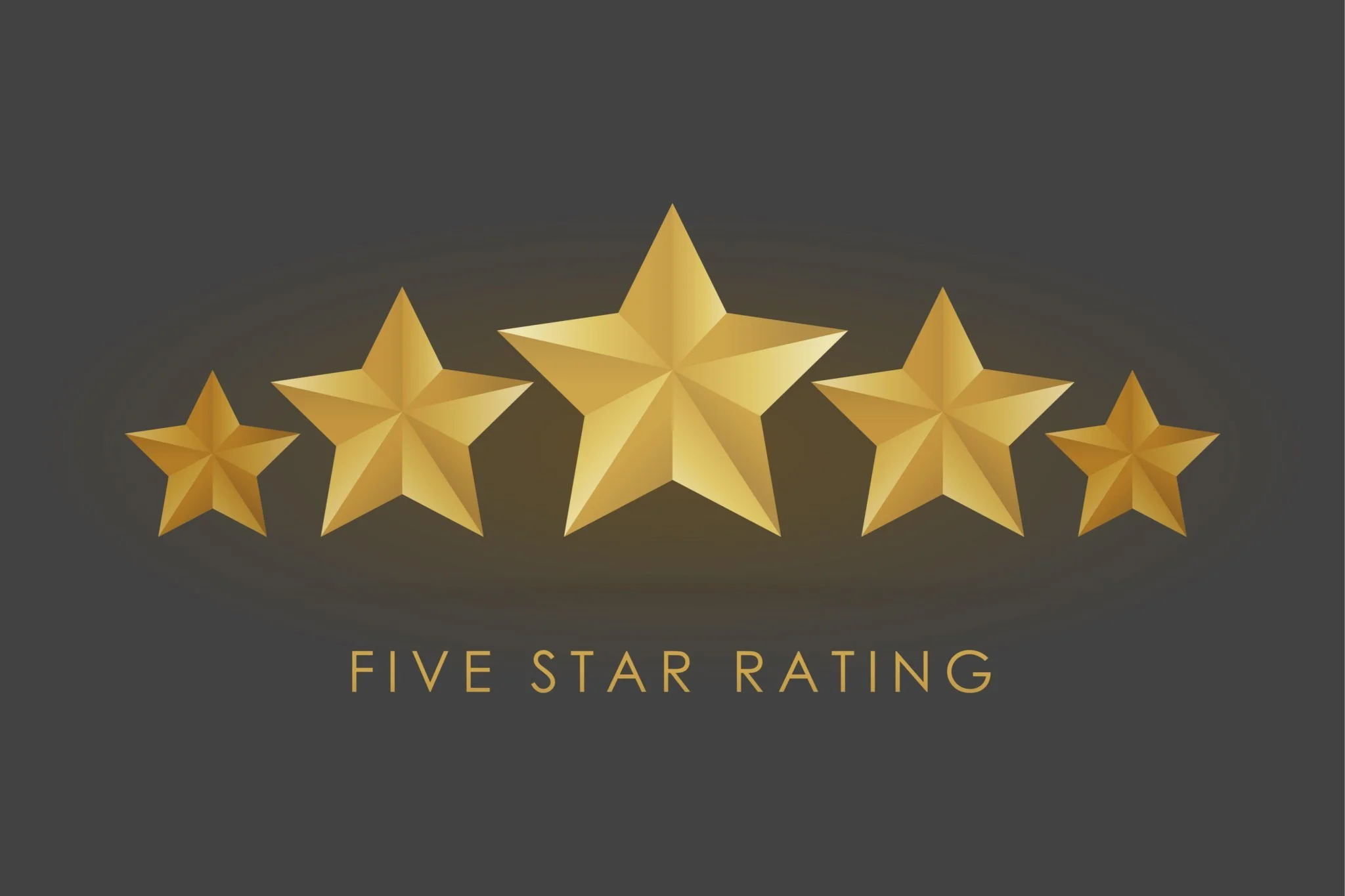 Five gold stars with the text 'Five Star Rating' beneath them on a dark background.