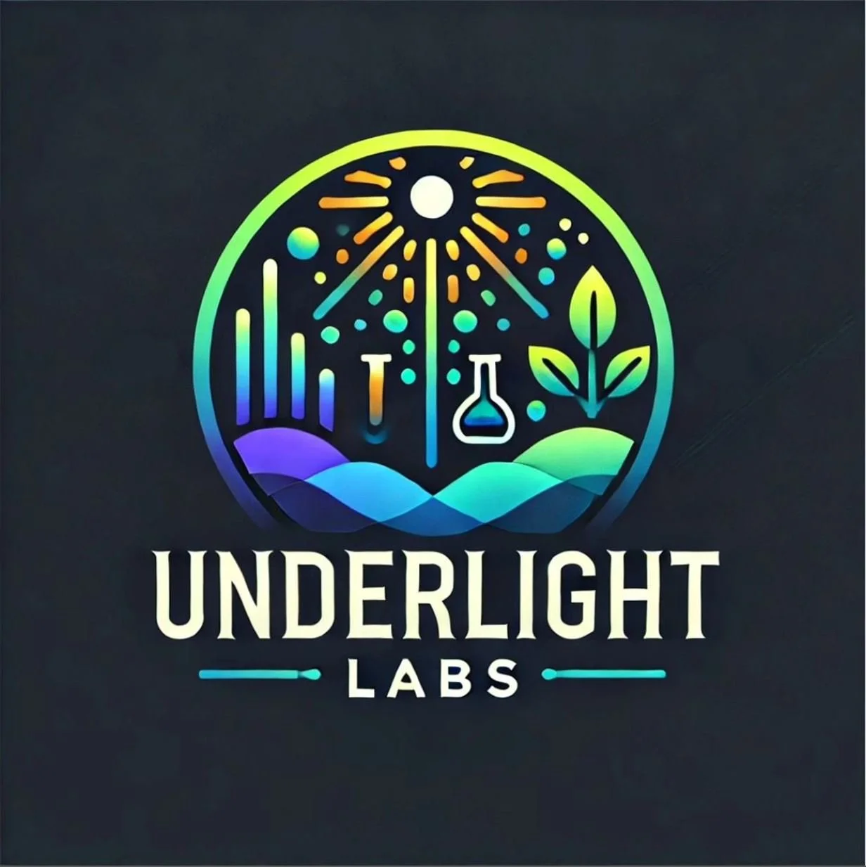 Colorful circular logo with scientific and nature symbols, including a sun, plant, test tube, and flask, above the text 'Underlight Labs'.