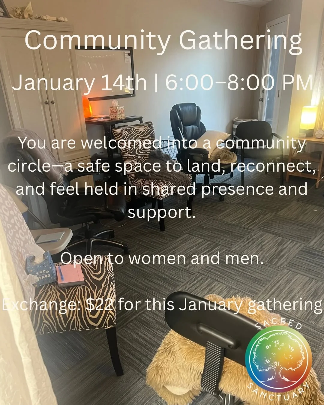 ✨ Community Gathering &mdash; January 14 ✨
Wednesday | 6&ndash;8 PM

A gentle invitation to gather in circle.
To land, reconnect, and feel held.

This evening offers shared support, nervous system regulation through gentle somatic practices including