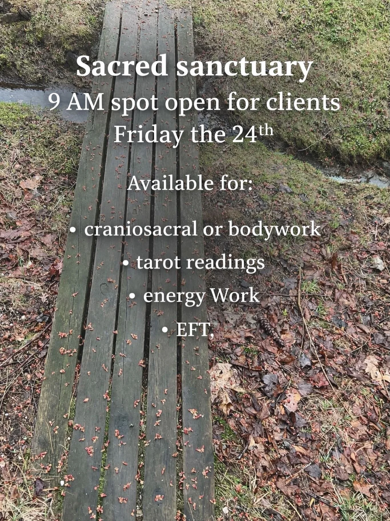 Friday the 24th at 8:45/9 AM spot open for you!

Remote or in person.

Available for craniosacral, bodywork, tarot readings, energy work, or EFT.

DM me or book online. Link in bio 🔗 Enjoy your week!🙏🤍✨