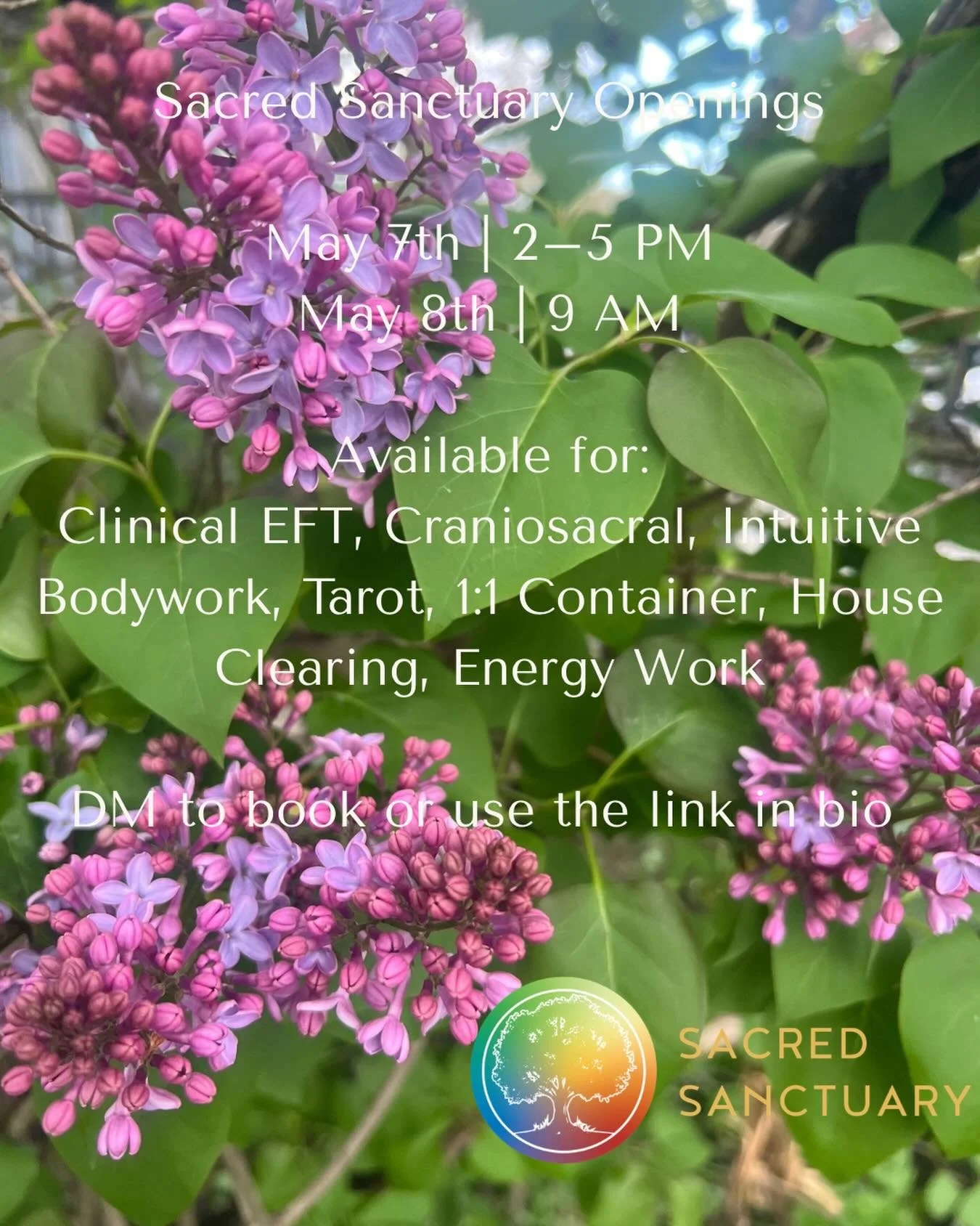 Sacred Sanctuary Openings

May 7th | 2&ndash;5 PM
May 8th | 9 AM

Available for:
Clinical EFT, Craniosacral, Intuitive Bodywork, Tarot, 1:1 Container, House Clearing, Energy Work, Animal communication/Energy work 🙏🤍✨

DM to book or use the link in 
