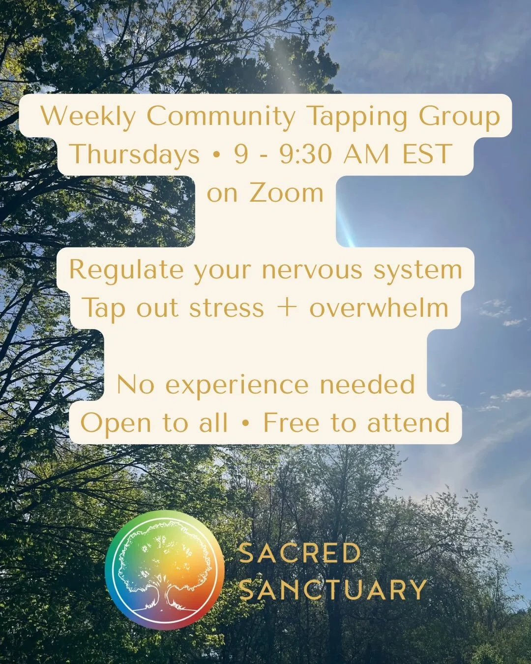Hi all ✨

Starting a free weekly community tapping call on Zoom Thursdays from 9&ndash;9:30 AM EST. ALL ARE WELCOME! We will start on 5/28. 🗓️

Group tapping has been shown to help lower cortisol levels, and sometimes simply showing up in community 
