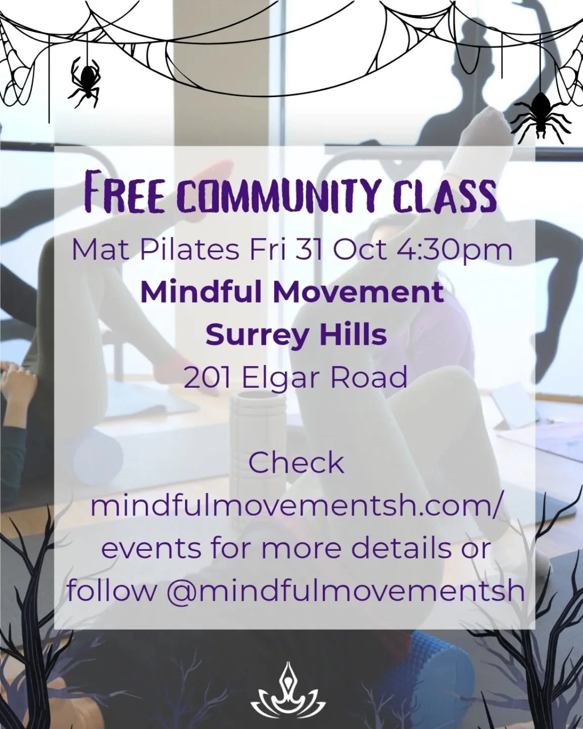 What you up to tomorrow? Pop by for a FREE Pilates class w Michael @thejamo1967 at 4:30pm 👻

Mindful Movement Surrey Hills 
201 Elgar Road
Friday 31 Oct, 4:30pm - 5:15pm

Details via Instagram (@mindfulmovementsh) or mindfulmovementsh.com/events