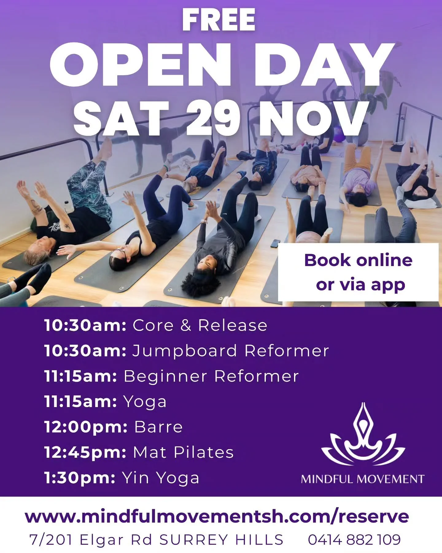 Free classes anyone?

Book in NOW and secure your free Open Day classes! 30 min classes running from 10:30am - 2pm, nibbles, artisan teas and meet your instructors and chat about your needs.

Open to new faces and current members. See you there!

www