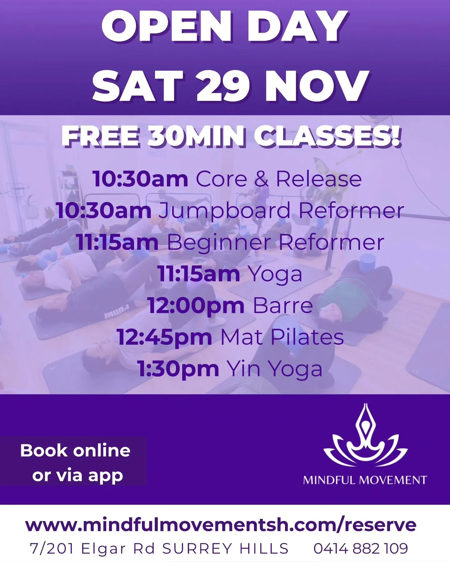 You've got 1 week to clear your schedule. Get in to the studio and try out as many classes as you like - FREE!

Meet with a guest osteo, enjoy matcha samples, browse new beauty products, taste artisan teas and nibbles and lock in major class discount