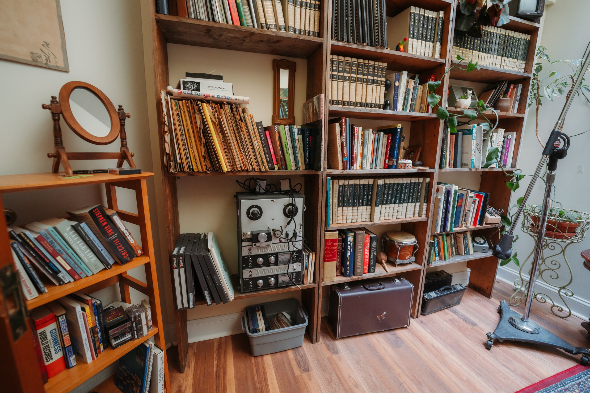 Multiple wooden bookshelves filled with books, vinyl records, and vintage audio equipment in a room with wooden flooring and a potted plant.